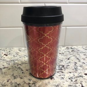 Red and gold patterned holiday coffee travel mug